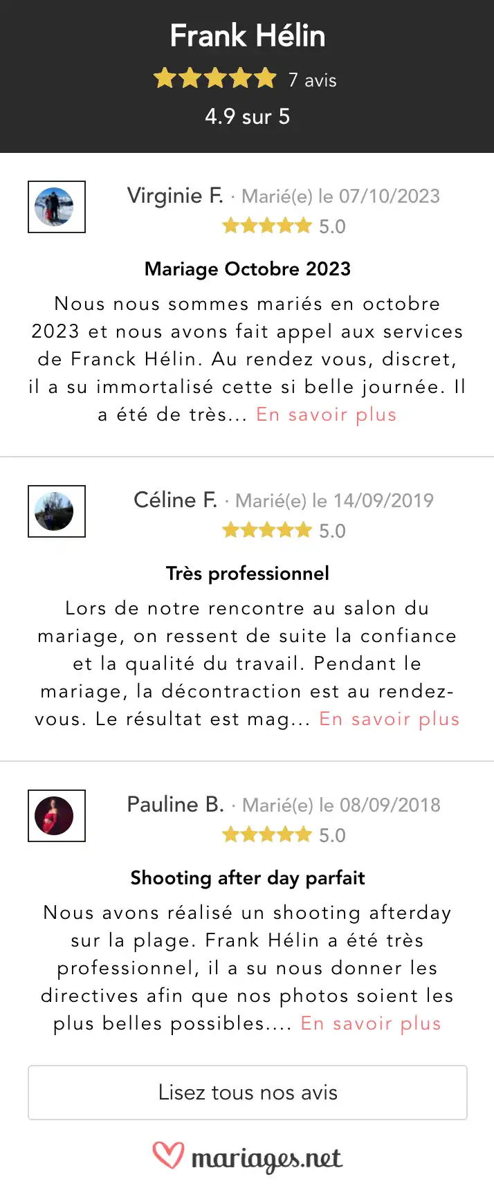 Les Avis des clients de Frank Hélin laissés sur mariages.net