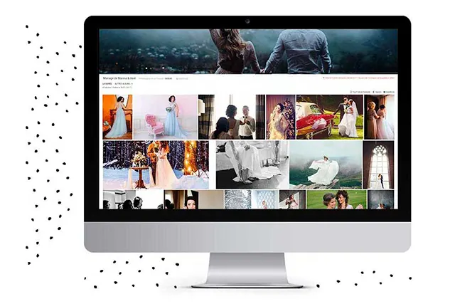 Portfolio numérique - Moments de mariage capturés Écran d'ordinateur affichant une galerie de photos de mariage